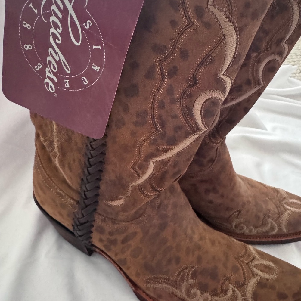 Lucchese handmade cheetah camel tan leather western boots with braided trim NWT